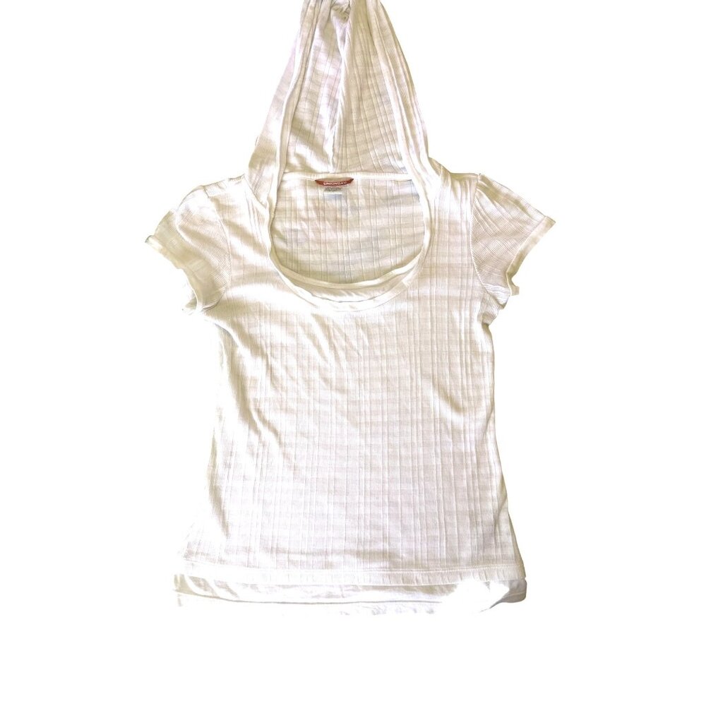 Unionbay LG Ivory Hooded Ribbed Cap Sleeve Top Layered Hem Y2K Casualcore Chic - Picture 10 of 10